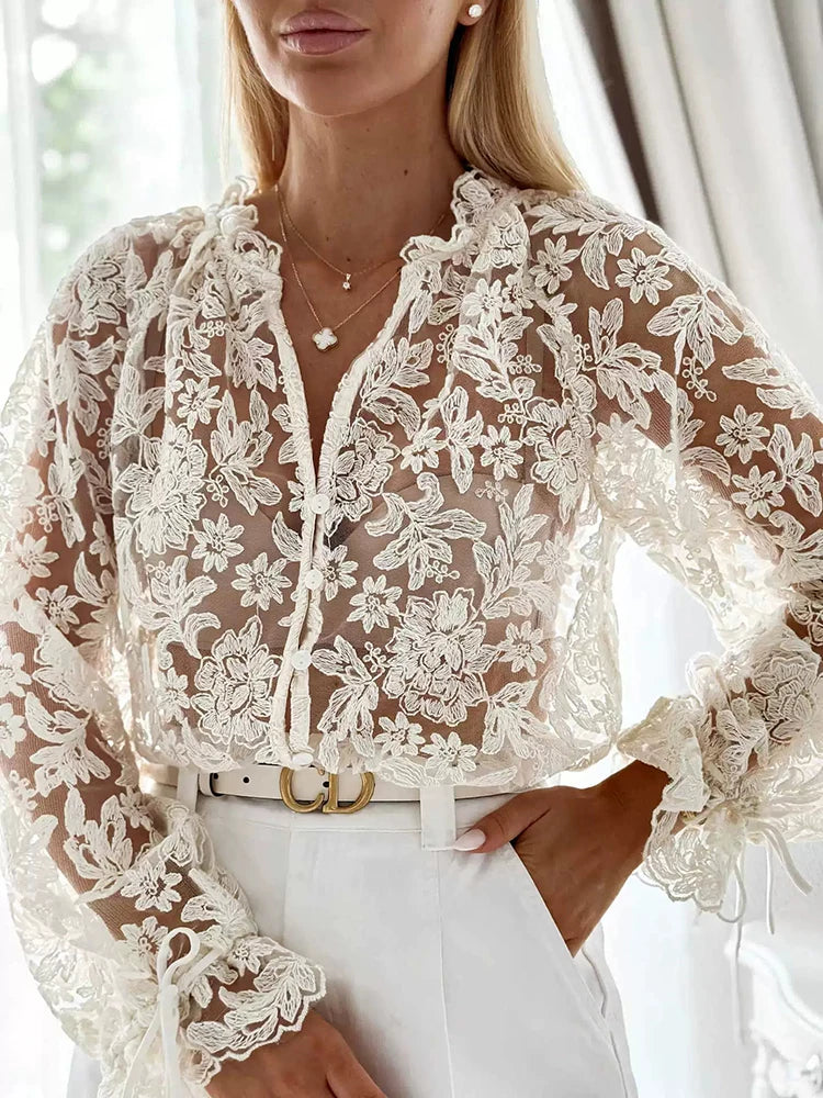Elegant Floral Embroidery Commute Blouse Women's Top