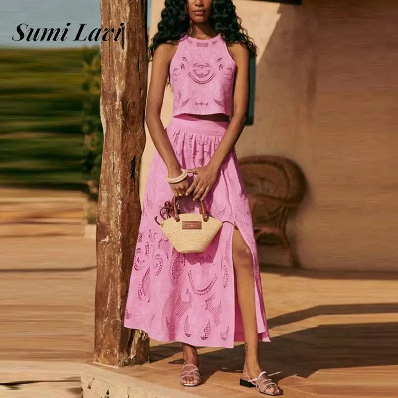Hollow Out Long Skirt 2Pc Suit