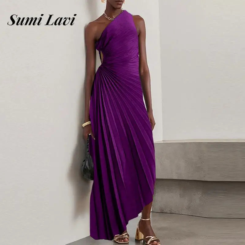 Sexy Diagonal Collar Pleat Long Dress