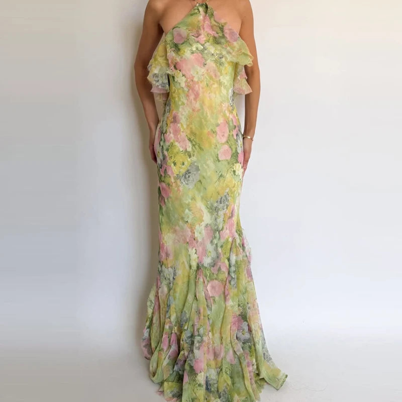 Women Elegant Backless Floral Party Dress