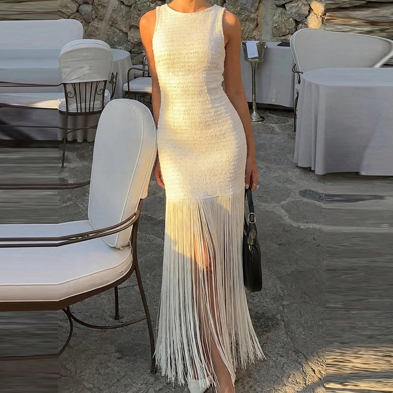 Fringed Splicing Long Dress Women Elegant