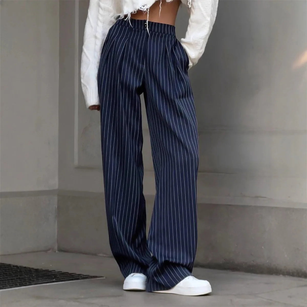 Elegant Wide-Leg Straight Striped Trousers