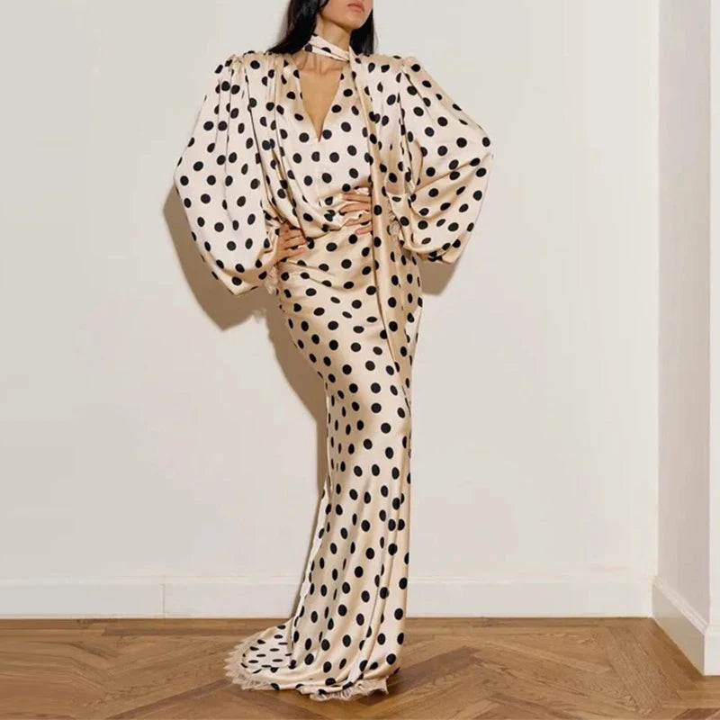 Elegant Draped Long Sleeve Polka Dot Dress