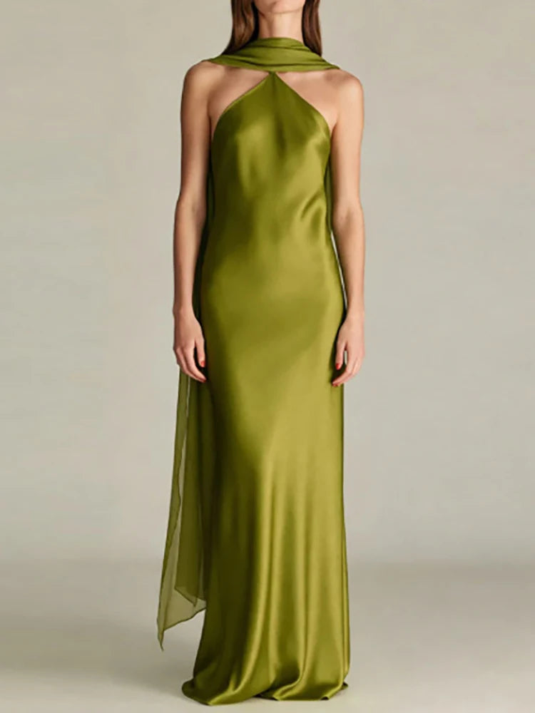 Sleeveless Solid Wedding Dress Elegant High Waist Green