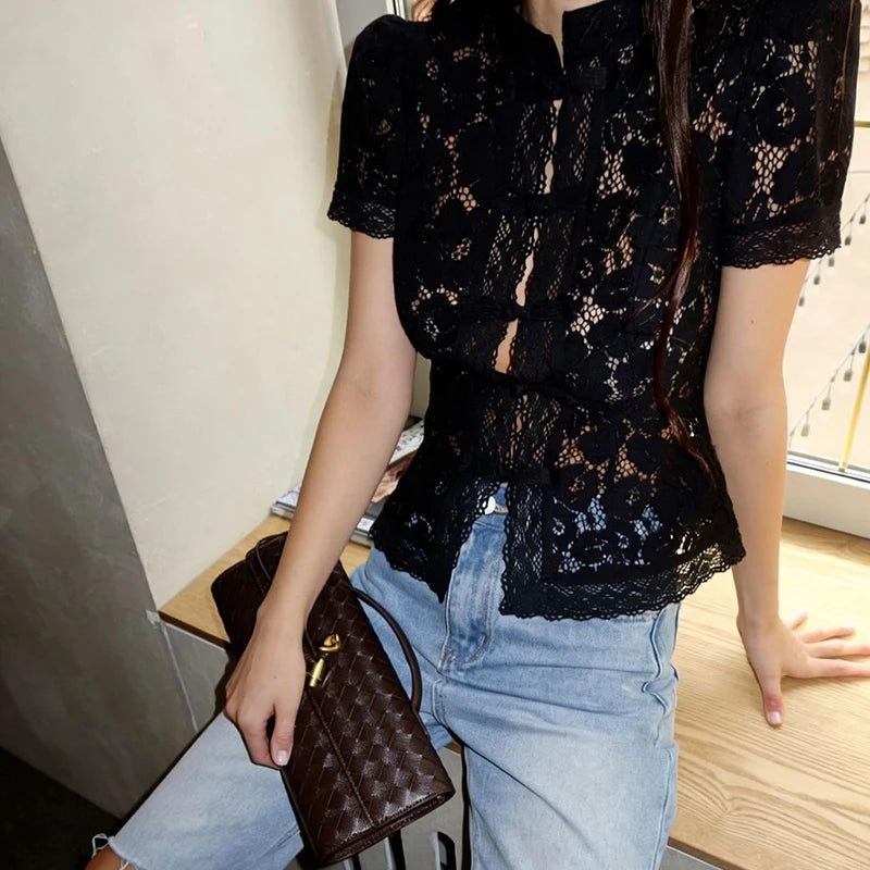 Lace Crochet Sleeve Top Women Elegant Chic