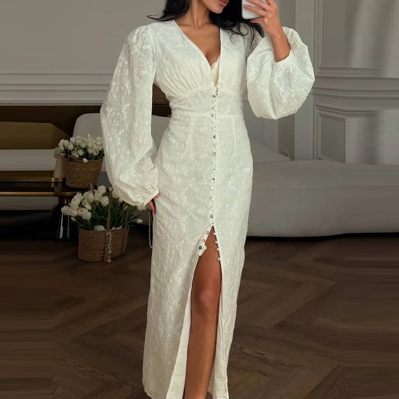 V-Neck Lantern Sleeve Dress Women's Elegant Party