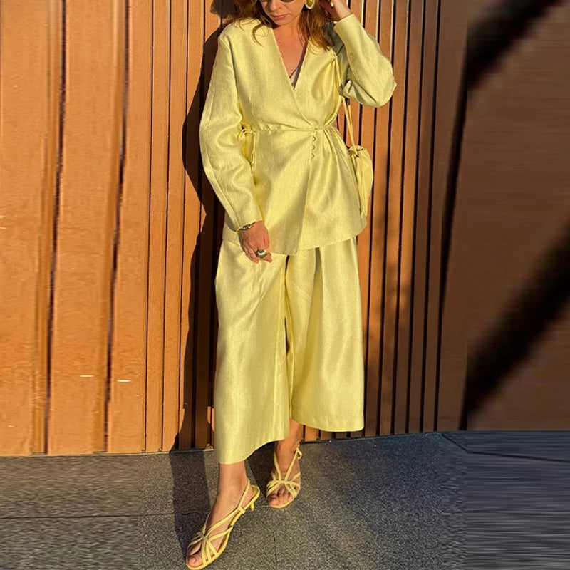 Sexy V-neck Lace Up Tops & Long Pants Set Women's