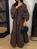 Pleat Chic Maxi Dress O-neck Button