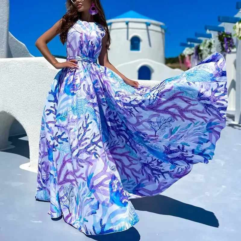 Draped Tie Up Waist Long Dress O-Neck