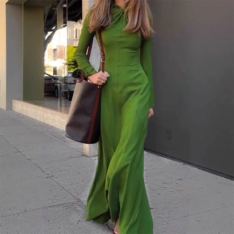 Draped Long Dress Size Women's Fashion Green