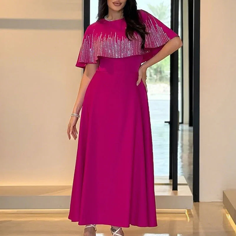 Solid Evening Gown with Cape Cloak Sleeves