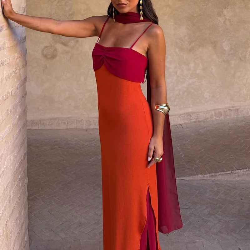 Contrasting Colors Side Split Gown