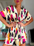 Color Block Print Draped Short Dress