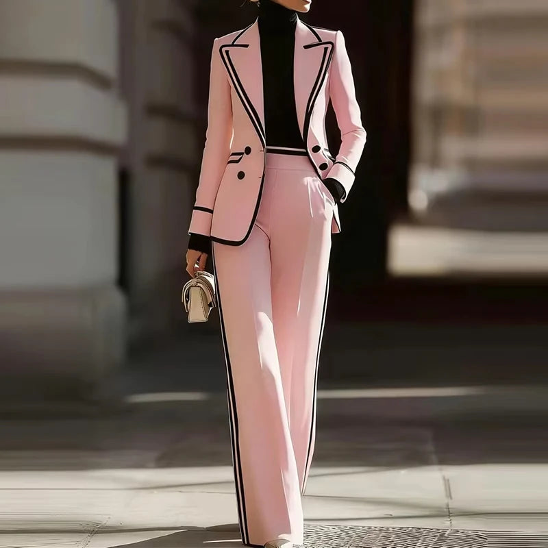 Casual Long Sleeve Blazer & Pant Set Women's Outfit