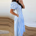 Striped Pocket Vacation Dress Puff Sleeve