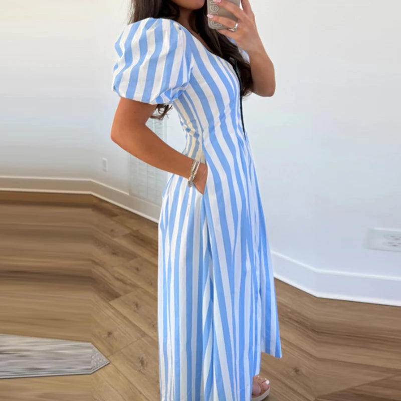 Striped Pocket Vacation Dress Puff Sleeve