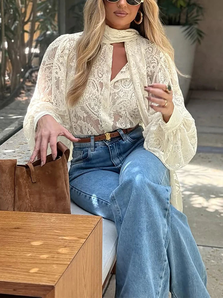 See Through Lantern Sleeve Blouse Elegant Scarf