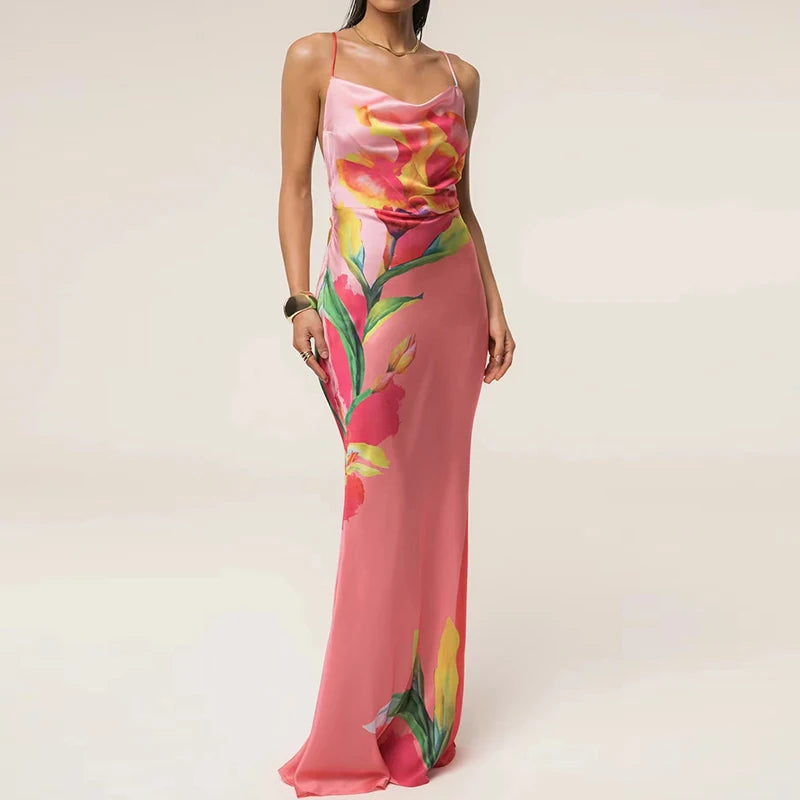 Low-Cut Sleeveless Satin Vacation Dress