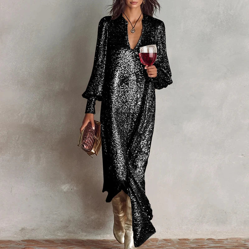 Shiny Sequins Party Dress Women's Elegant Long Sleeve