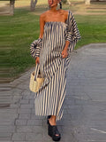 Women's Fashion Stripe Printed Loose Party Dress Matching Sh