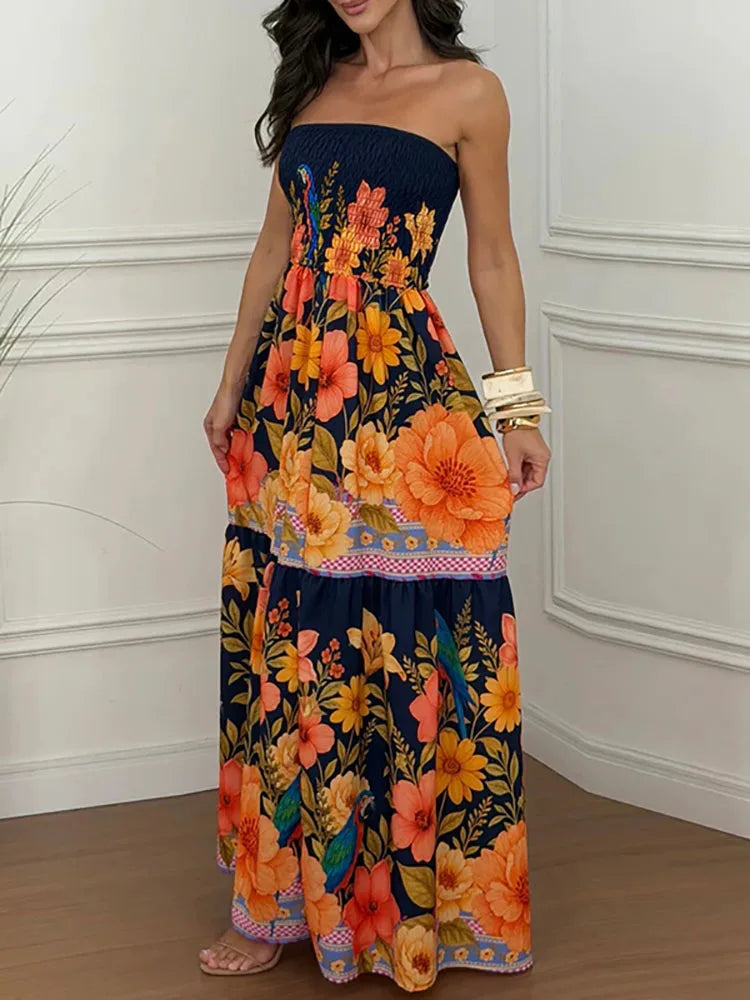 Floral Printed Strapless Vacation Dress