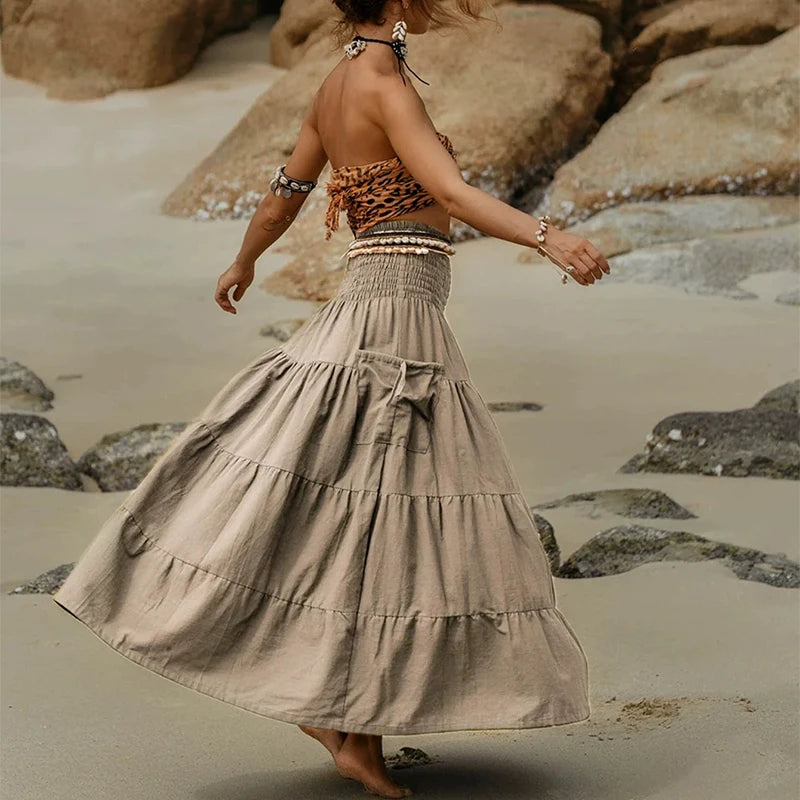 High Waist Draped Long Skirt Casual Pocket