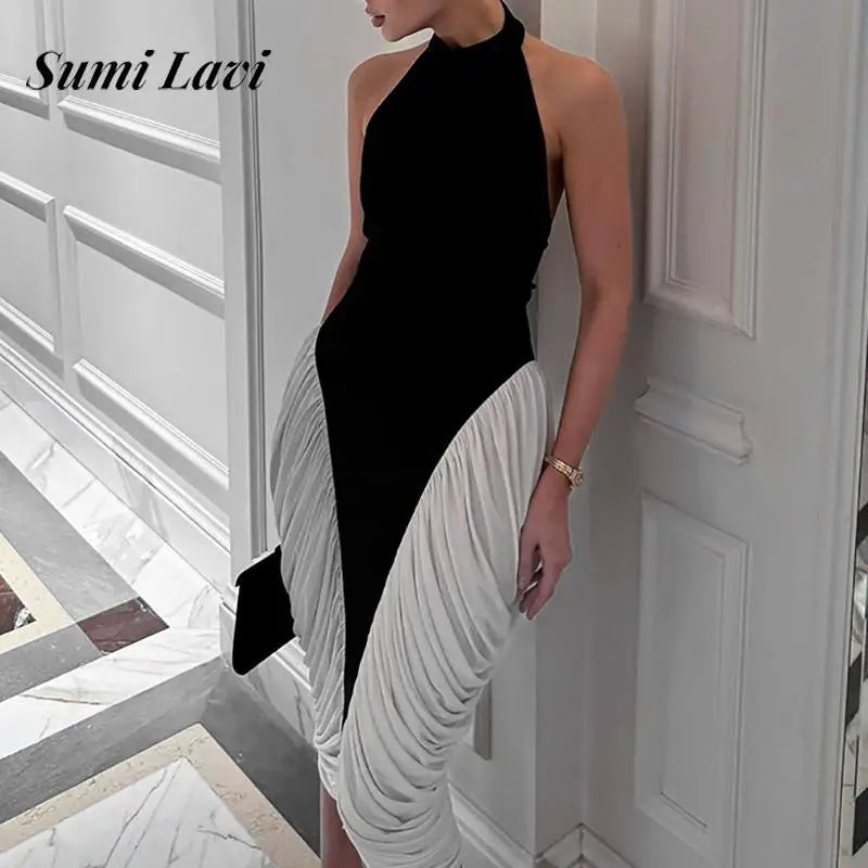 Halter Sleeveless Draped Midi Dress
