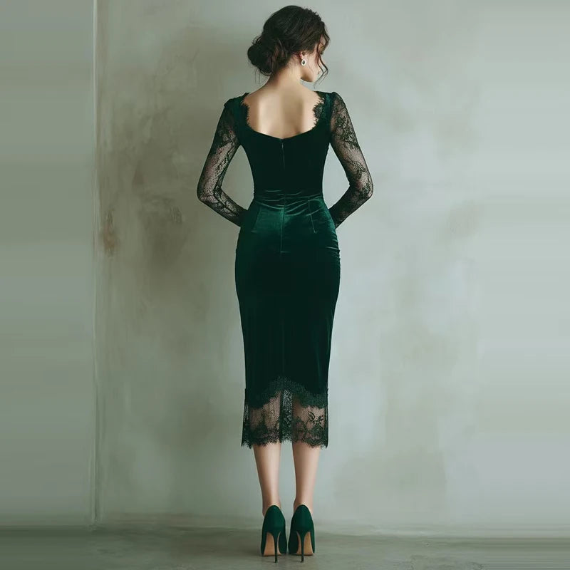 Lace Embroidery Velvet Midi Dress