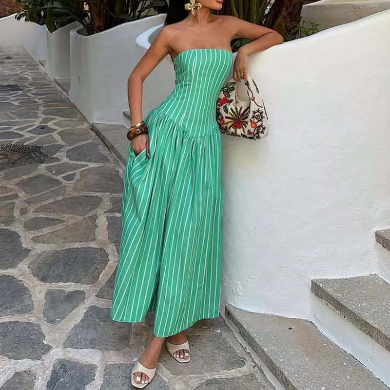 Striped Print Backless Swing Dress Casual
