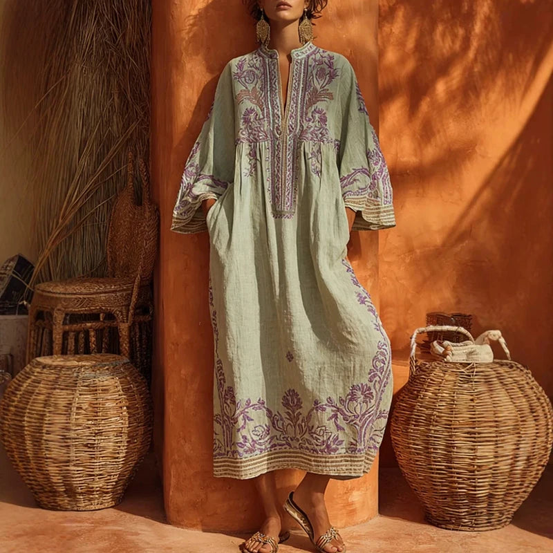 Vintage Print Draped Long Dress Size Women's Casual