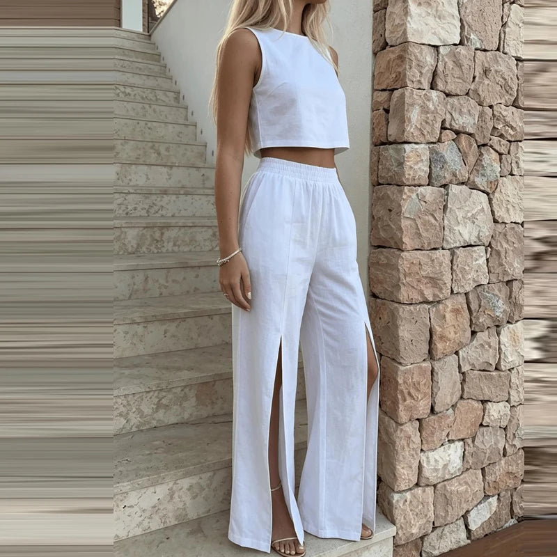 O-neck Pullover Top & Split Pant Set