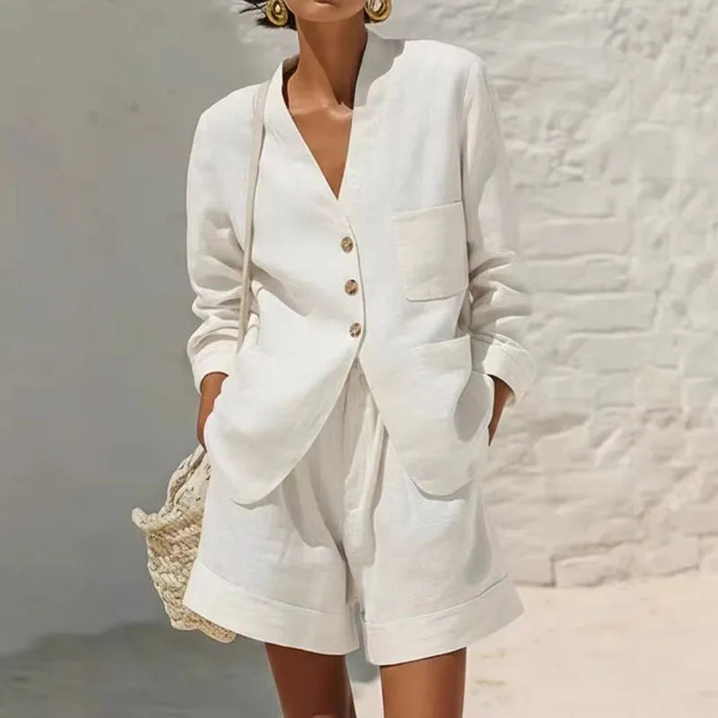 V-neck Long Sleeve Shirt & Short Pant Set