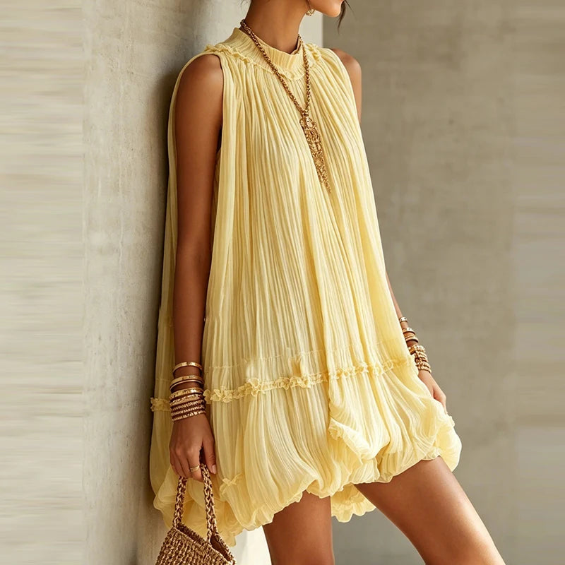Pleated Mini Dress O-neck A-Line Summer Dress