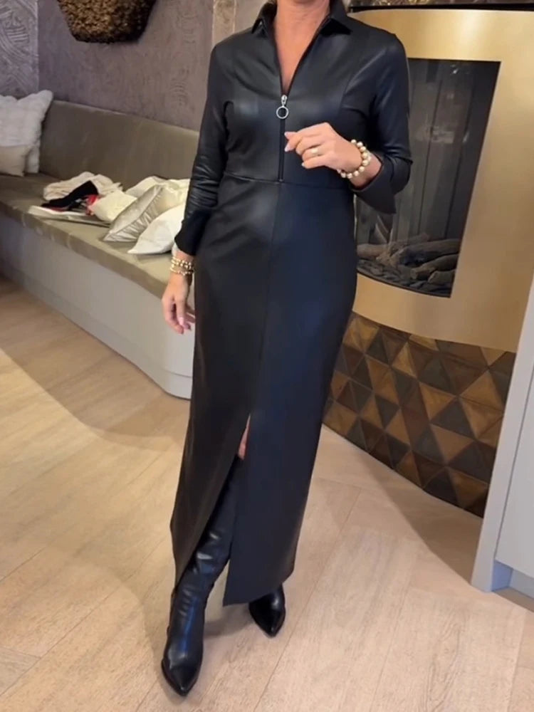 Lapel Collar Party Dress Women's Elegant Long Sleeve
