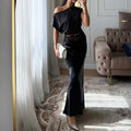 Diagonal Collar Waisted Crop Top & Skirt Set