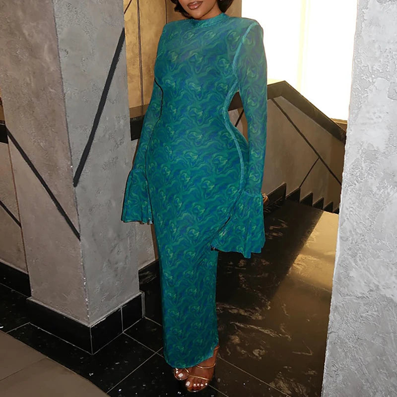 Pattern Print Slim Long Dress