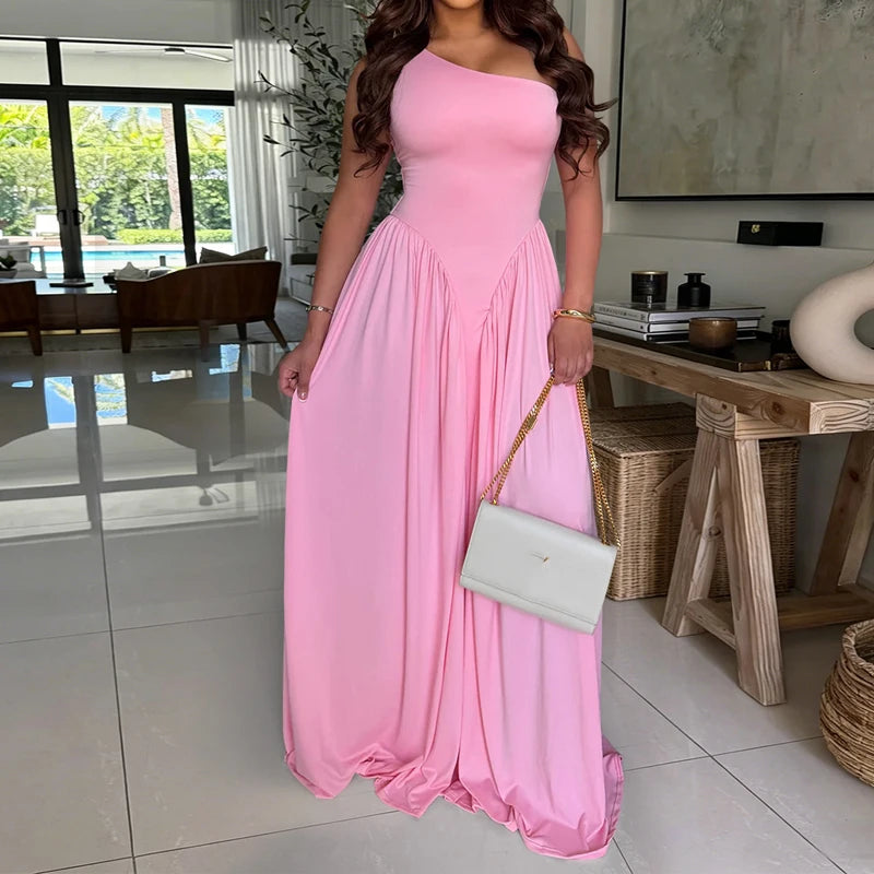 One Shoulder Sleeveless Long Dress Slim Fit