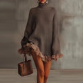 Turtleneck Long Sleeve Mini Dress Elegant Lace Splicing