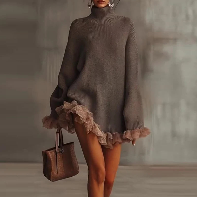 Turtleneck Long Sleeve Mini Dress Elegant Lace Splicing