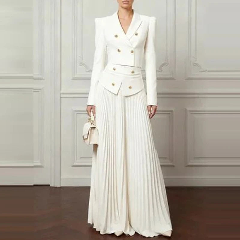 Lapel Button Blazer & Pleated Skirt Set