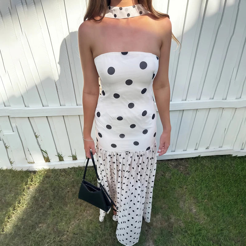 Mesh Patchwork Hem Maxi Dress Polka Dot