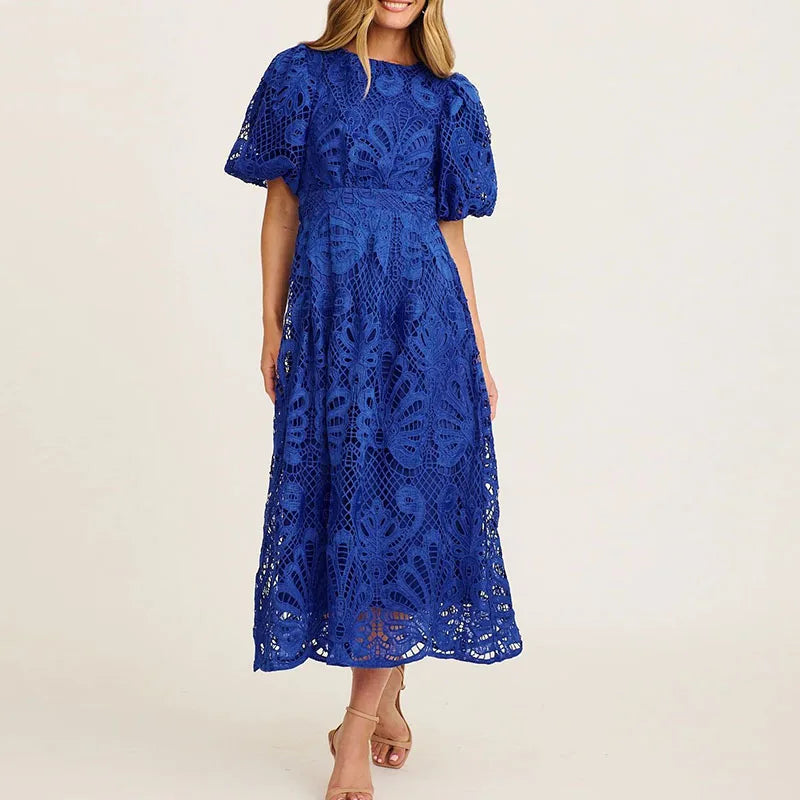 Commuter Pleated Long Dress Casual Puff Sleeve