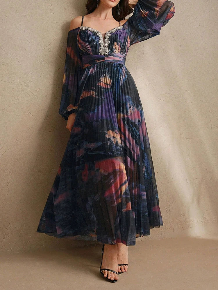 Draped Design Long Dress Vintage Print