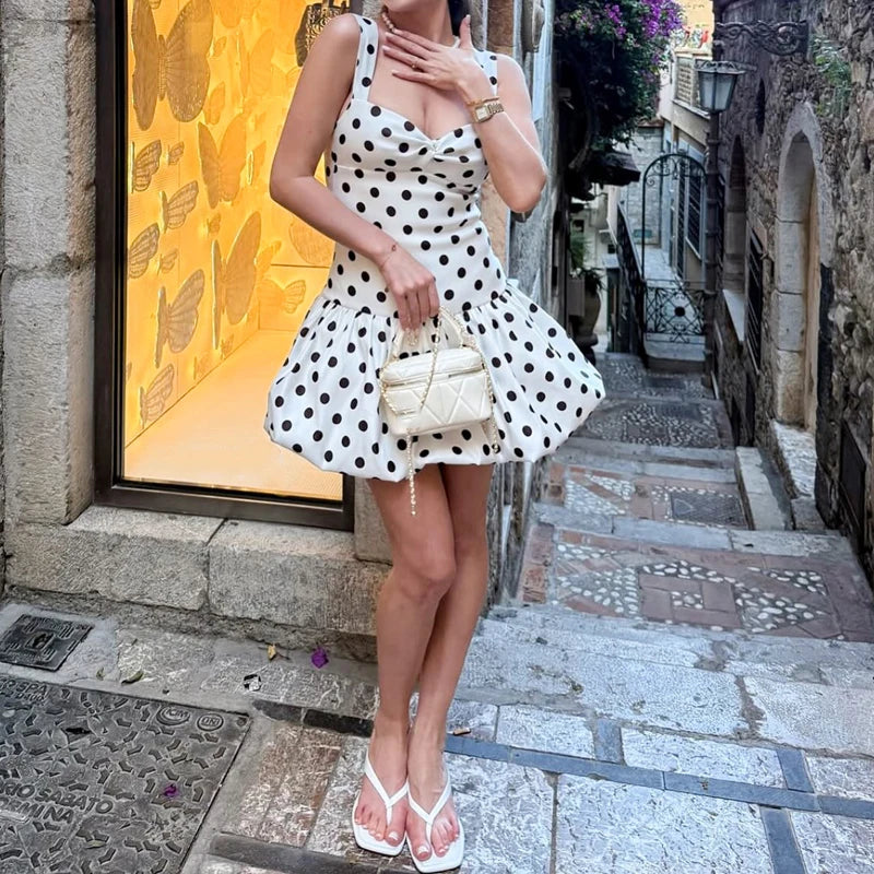 Polka Dot Pleated A-Line Dress Backless Mini