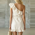Inclined Shoulder Lace-up Waist Mini Dress