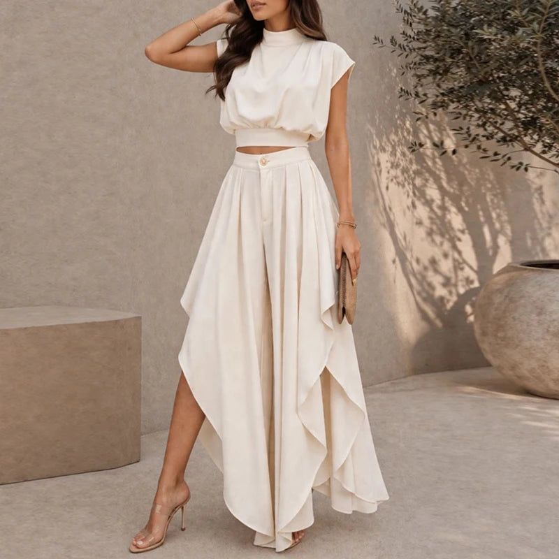 Casual Ruffled Solid 2 Piece Outfits