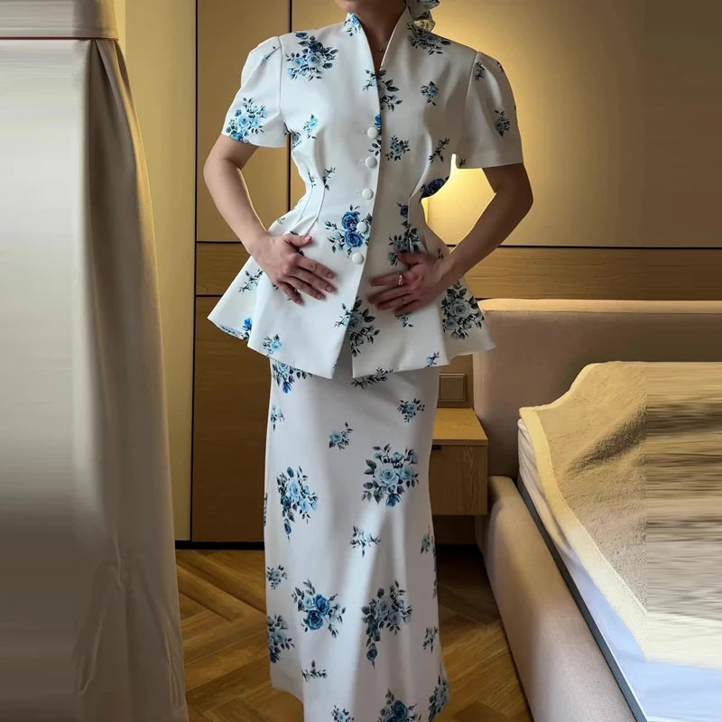 V-neck Button Top & Mermaid Skirt Set Printed Fashion