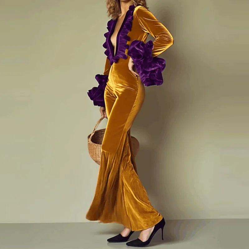 Elegant Petal Sleeve Ruffle Romper Velvet Deep V-neck