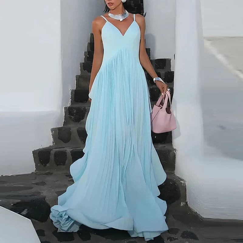 Pleated Sleeveless Sling Dress Deep V-neck Elegant