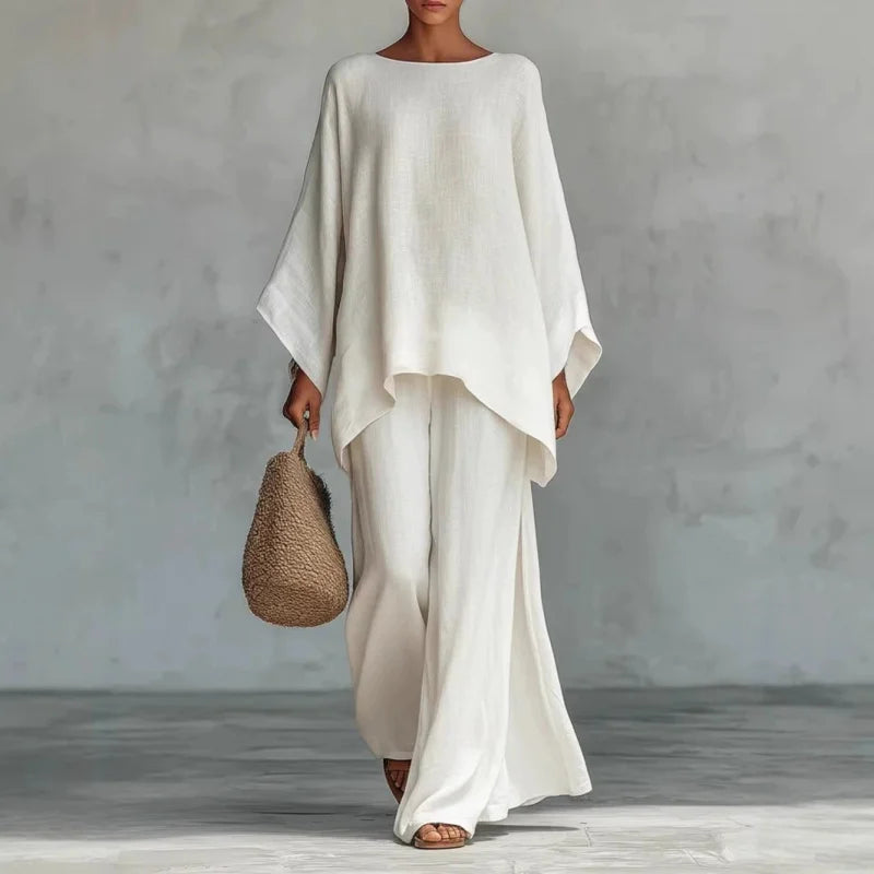 Linen Blend Shirt and Wide-Leg Pants Set